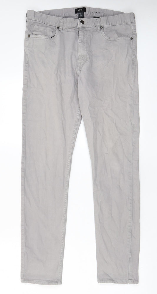 H&M Mens Grey Cotton Skinny Jeans Size 33 in L30 in Regular Zip - Pockets
