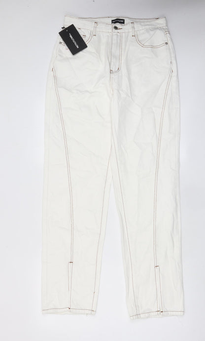 PRETTYLITTLETHING Womens White Cotton Straight Jeans Size 12 L32 in Regular Zip - Pockets, Split hems