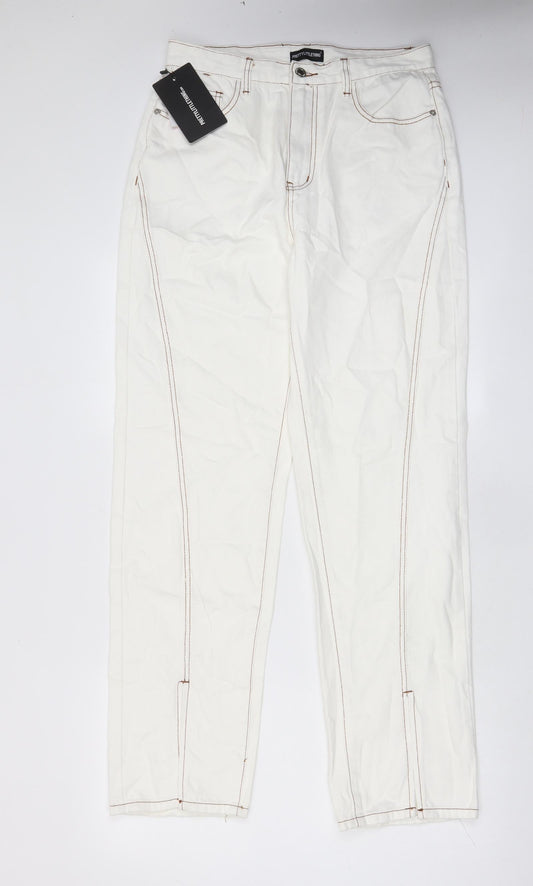 PRETTYLITTLETHING Womens White Cotton Straight Jeans Size 12 L32 in Regular Zip - Pockets, Split hems