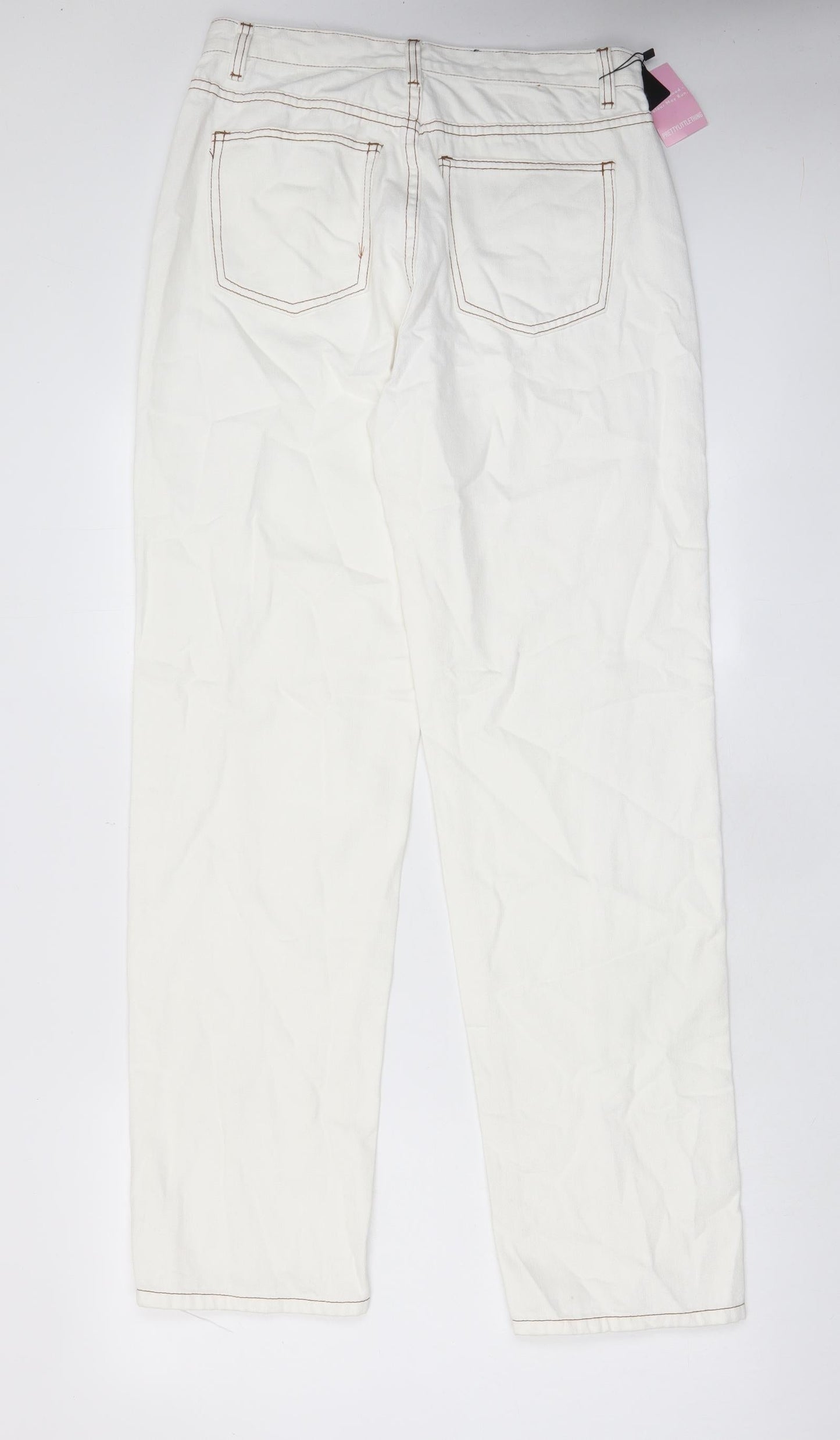 PRETTYLITTLETHING Womens White Cotton Straight Jeans Size 12 L32 in Regular Zip - Pockets, Split hems