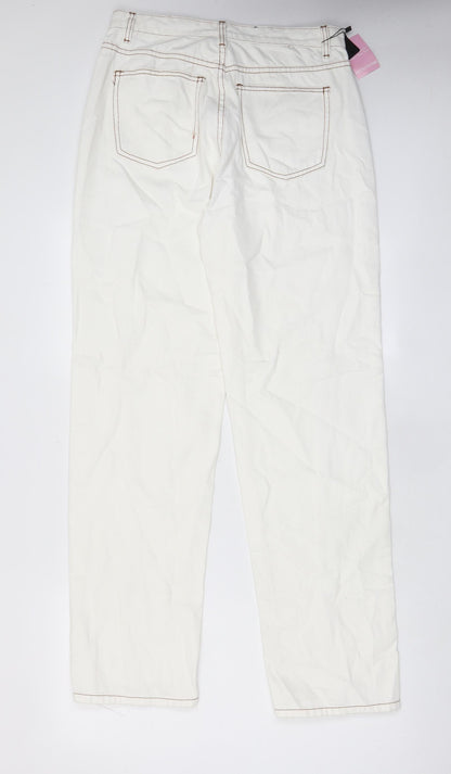PRETTYLITTLETHING Womens White Cotton Straight Jeans Size 12 L32 in Regular Zip - Pockets, Split hems