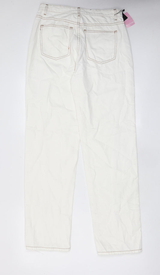 PRETTYLITTLETHING Womens White Cotton Straight Jeans Size 12 L32 in Regular Zip - Pockets, Split hems