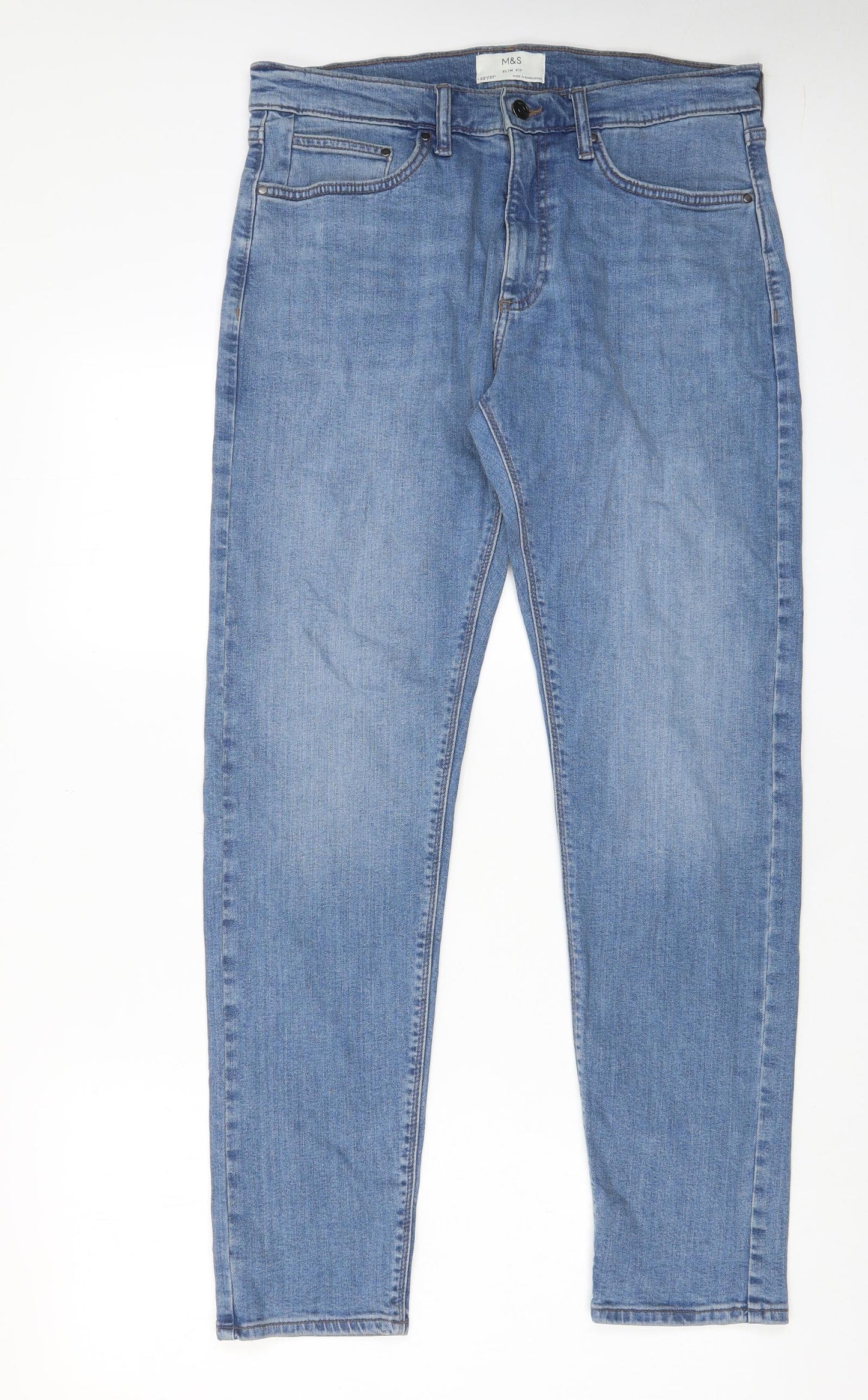 Marks and Spencer Mens Blue Cotton Straight Jeans Size 31 in L31 in Slim Zip - Pockets