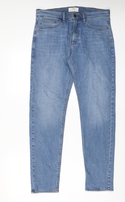 Marks and Spencer Mens Blue Cotton Straight Jeans Size 31 in L31 in Slim Zip - Pockets