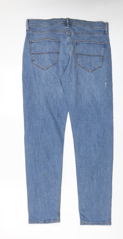 Marks and Spencer Mens Blue Cotton Straight Jeans Size 31 in L31 in Slim Zip - Pockets