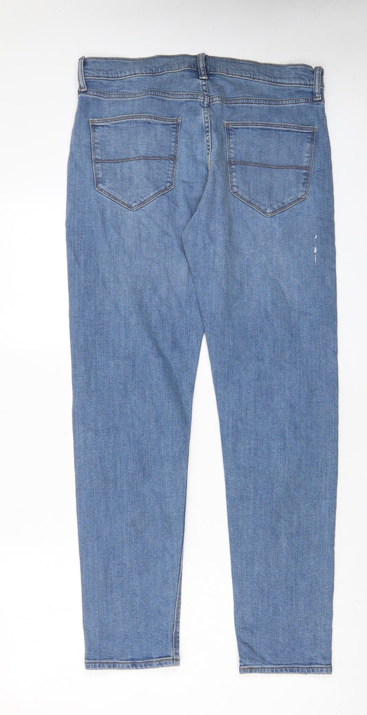 Marks and Spencer Mens Blue Cotton Straight Jeans Size 31 in L31 in Slim Zip - Pockets