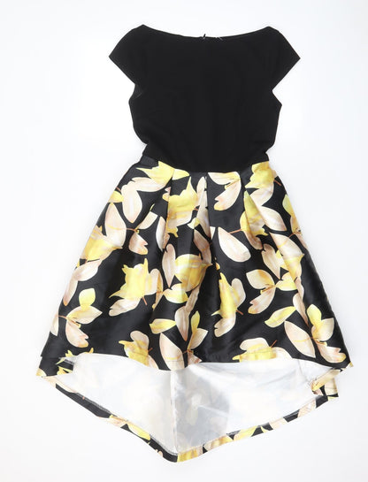 Lucy Wang Womens Black Floral Polyester Fit & Flare Size S Boat Neck Zip - Pleated