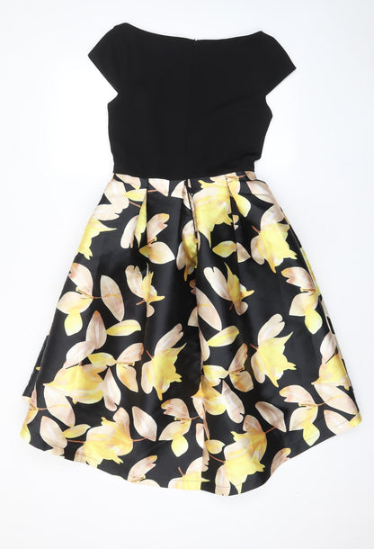 Lucy Wang Womens Black Floral Polyester Fit & Flare Size S Boat Neck Zip - Pleated