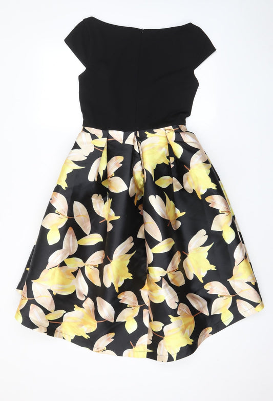 Lucy Wang Womens Black Floral Polyester Fit & Flare Size S Boat Neck Zip - Pleated