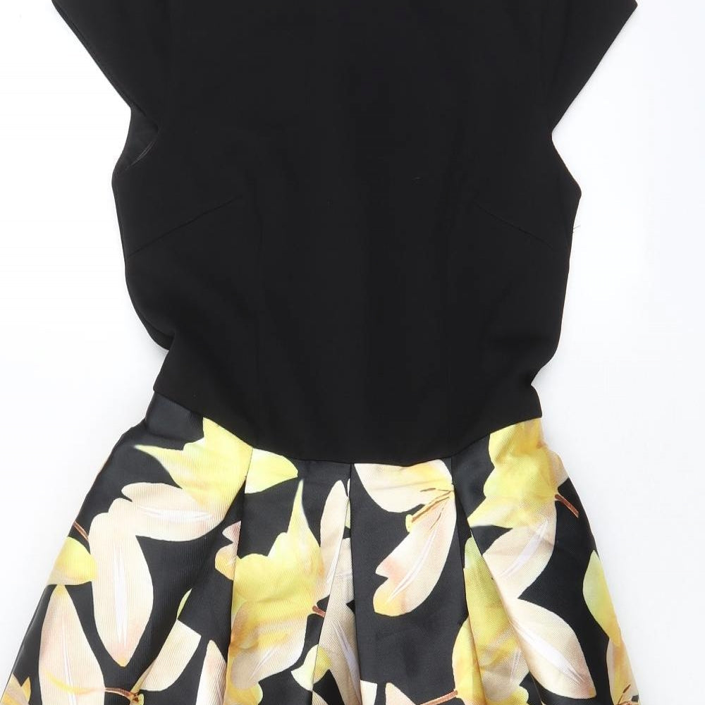 Lucy Wang Womens Black Floral Polyester Fit & Flare Size S Boat Neck Zip - Pleated