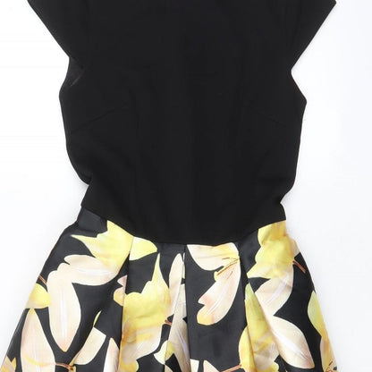 Lucy Wang Womens Black Floral Polyester Fit & Flare Size S Boat Neck Zip - Pleated