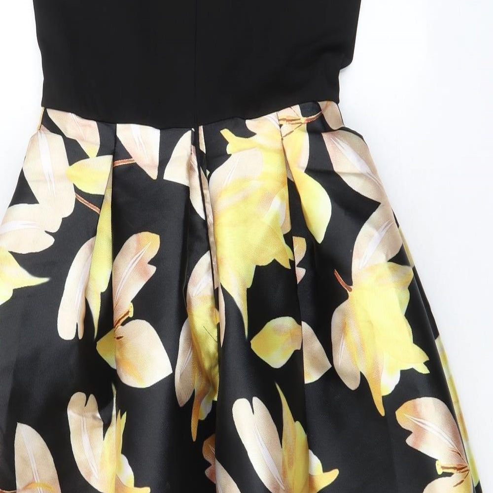 Lucy Wang Womens Black Floral Polyester Fit & Flare Size S Boat Neck Zip - Pleated