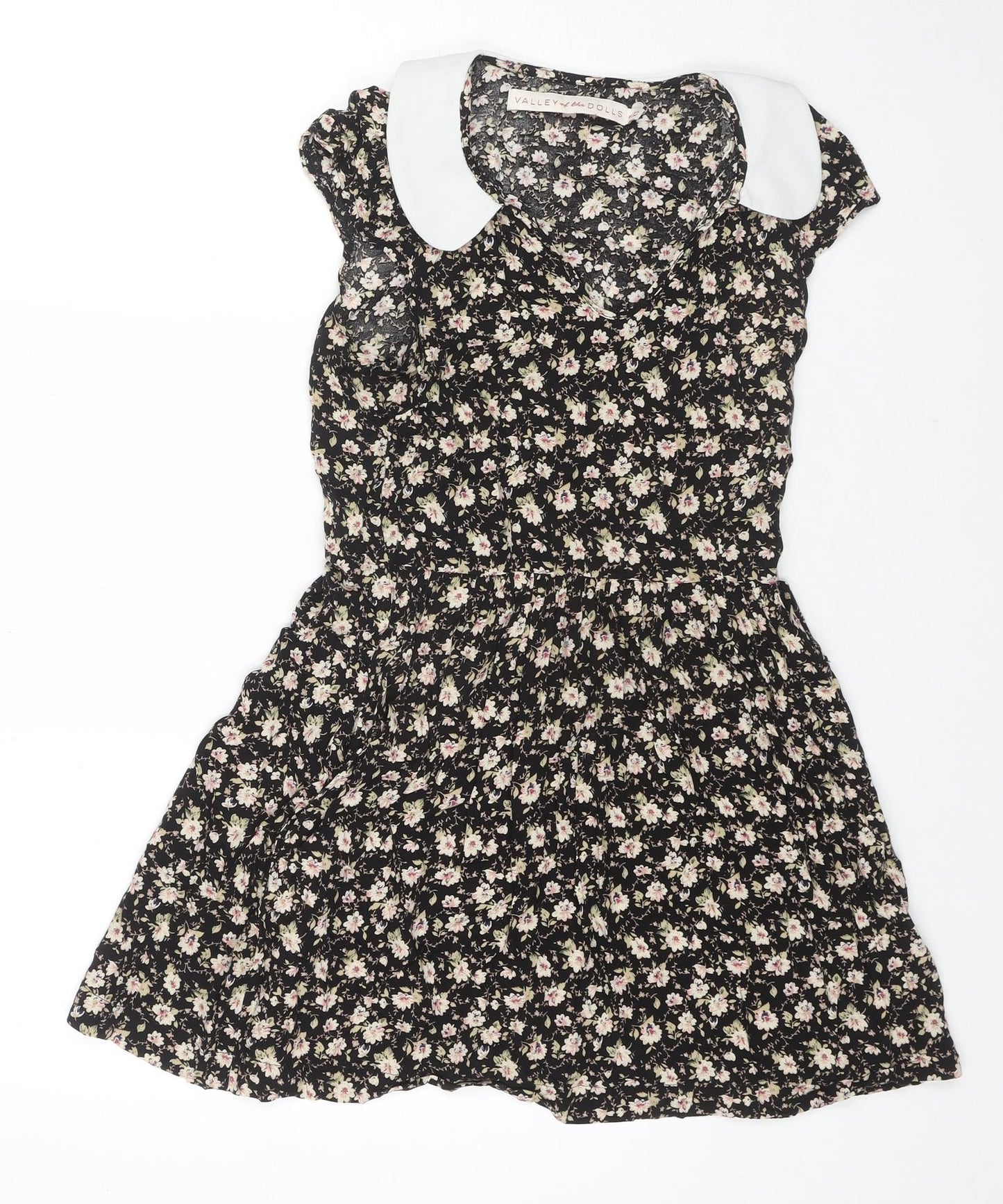 Valley Of The Dolls Womens Black Floral Viscose Fit & Flare Size 8 Collared Pullover - Pockets