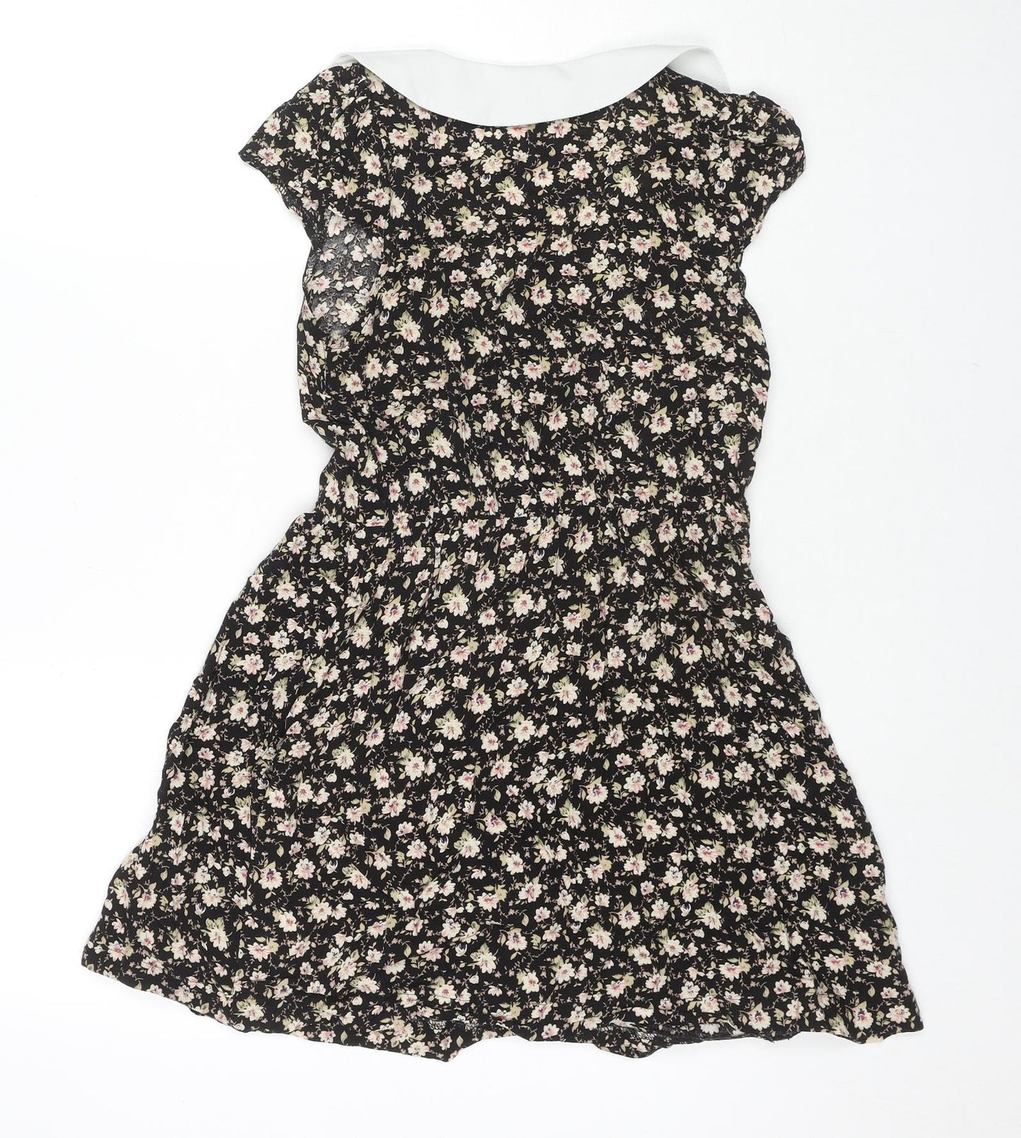 Valley Of The Dolls Womens Black Floral Viscose Fit & Flare Size 8 Collared Pullover - Pockets