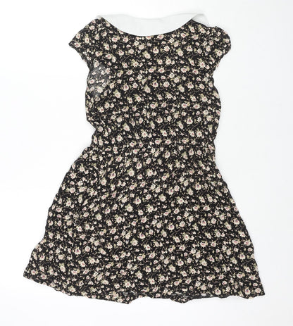 Valley Of The Dolls Womens Black Floral Viscose Fit & Flare Size 8 Collared Pullover - Pockets