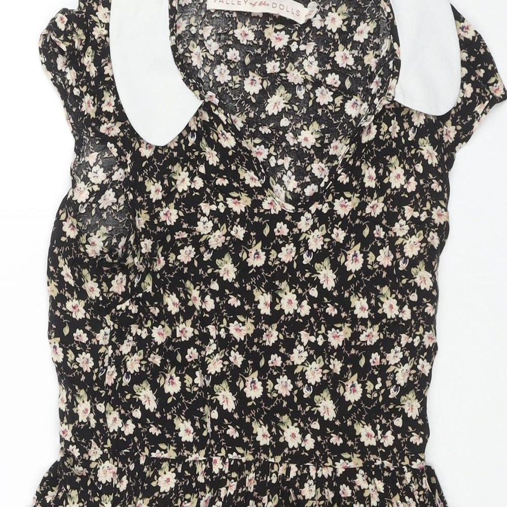 Valley Of The Dolls Womens Black Floral Viscose Fit & Flare Size 8 Collared Pullover - Pockets