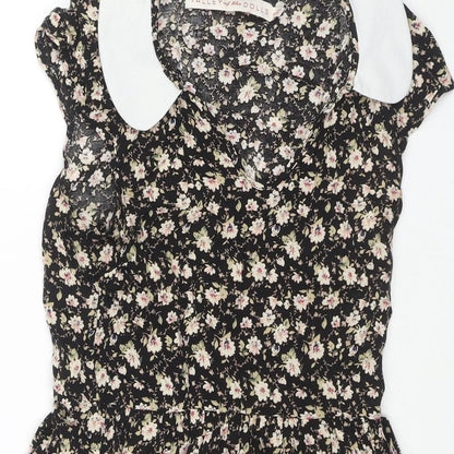 Valley Of The Dolls Womens Black Floral Viscose Fit & Flare Size 8 Collared Pullover - Pockets