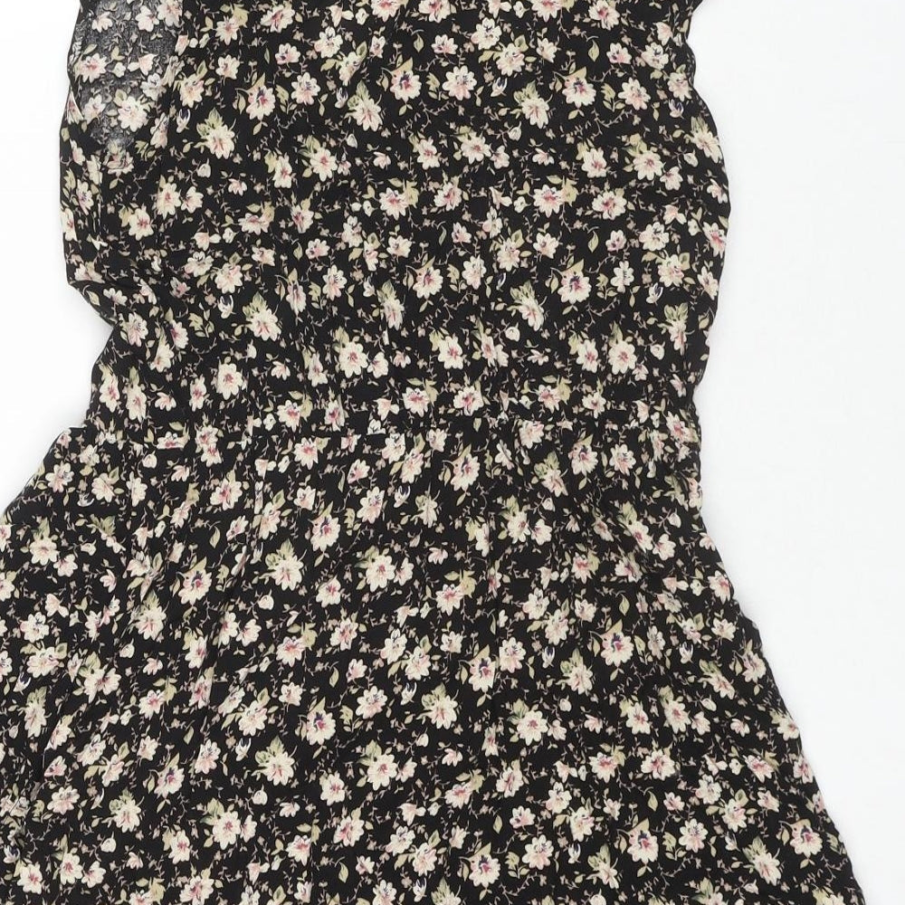 Valley Of The Dolls Womens Black Floral Viscose Fit & Flare Size 8 Collared Pullover - Pockets