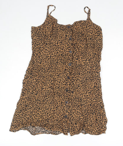 H&M Womens Beige Animal Print Viscose Tank Dress Size 10 Square Neck Button