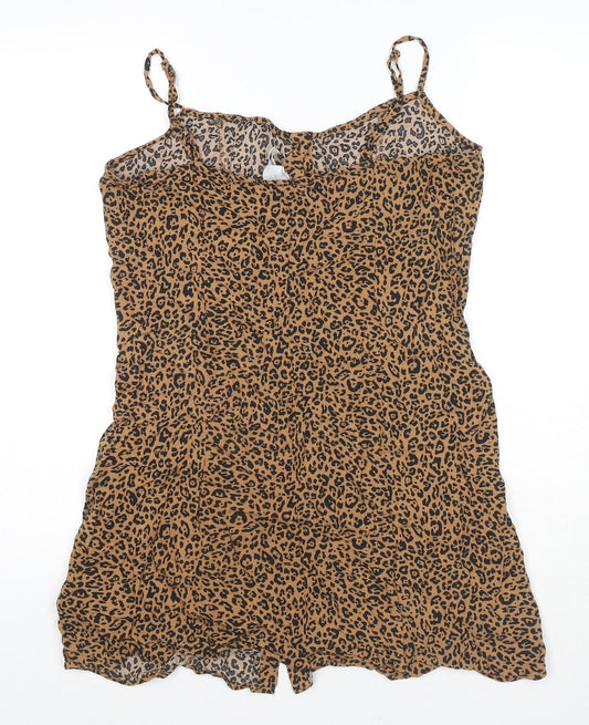 H&M Womens Beige Animal Print Viscose Tank Dress Size 10 Square Neck Button