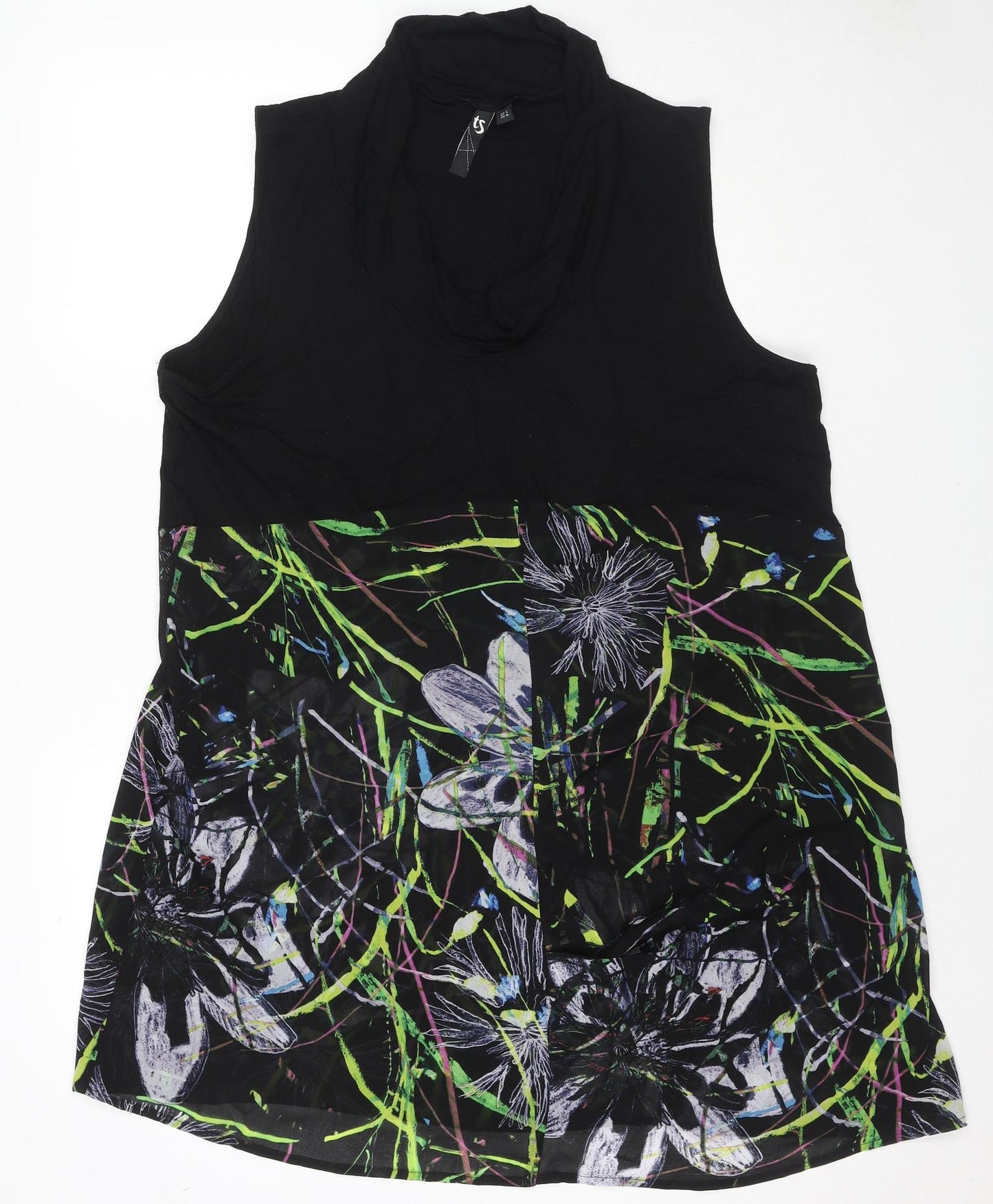 TS Womens Black Geometric Viscose Tank Dress Size M Cowl Neck Pullover - Flowers
