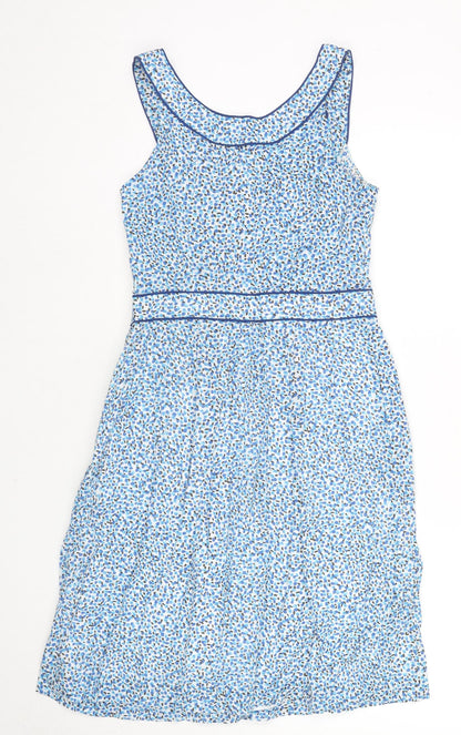 Simone Womens Blue Geometric Cotton A-Line Size 6 Round Neck Zip