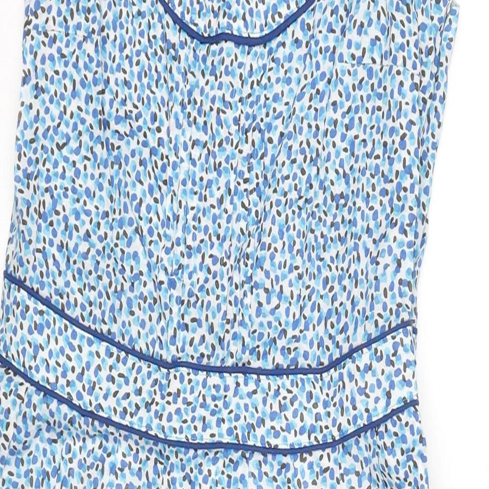 Simone Womens Blue Geometric Cotton A-Line Size 6 Round Neck Zip