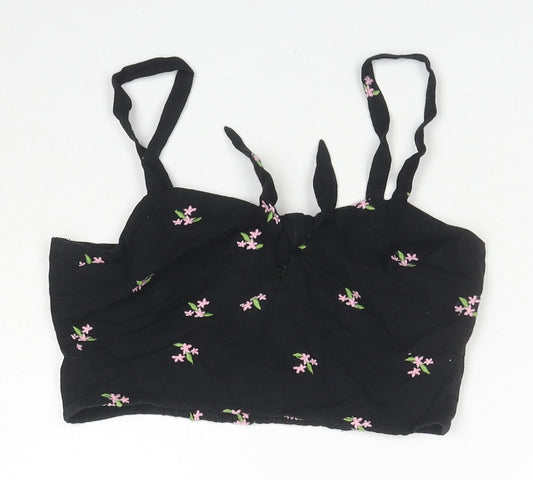 Miss Selfridge Womens Black Floral Cotton Cropped Tank Size 6 Square Neck