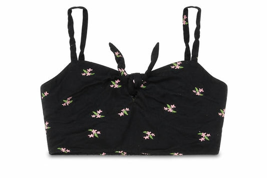 Front view of Miss Selfridge women’s black floral cotton cropped tank, size UK 6, square neck
