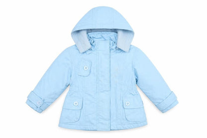 Front view of Martis girls’ blue overcoat coat, size S, zip