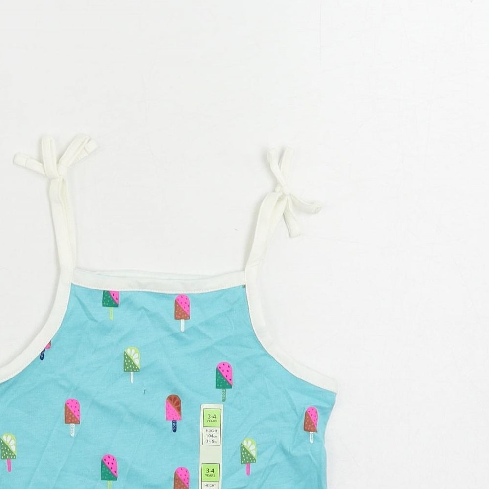 Marks and Spencer Girls Blue Geometric Cotton Camisole Tank Size 3-4 Years Square Neck Pullover - Ice Cream Print