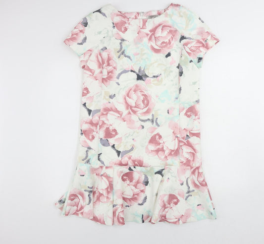 Marks and Spencer Womens Multicoloured Floral Polyester Shift Size 14 Boat Neck Zip - Ruffle