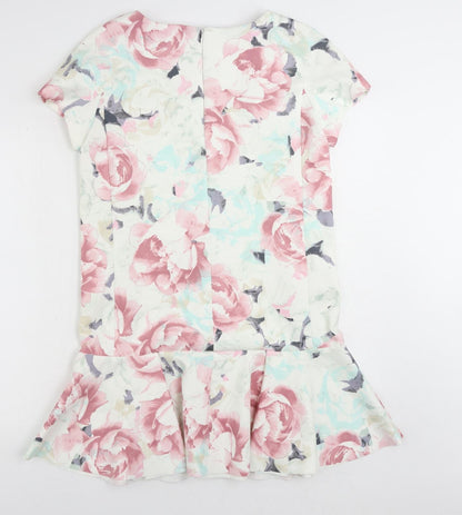 Marks and Spencer Womens Multicoloured Floral Polyester Shift Size 14 Boat Neck Zip - Ruffle