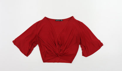 Boohoo Womens Red Polyester Cropped Blouse Size 10 V-Neck - Front Twist