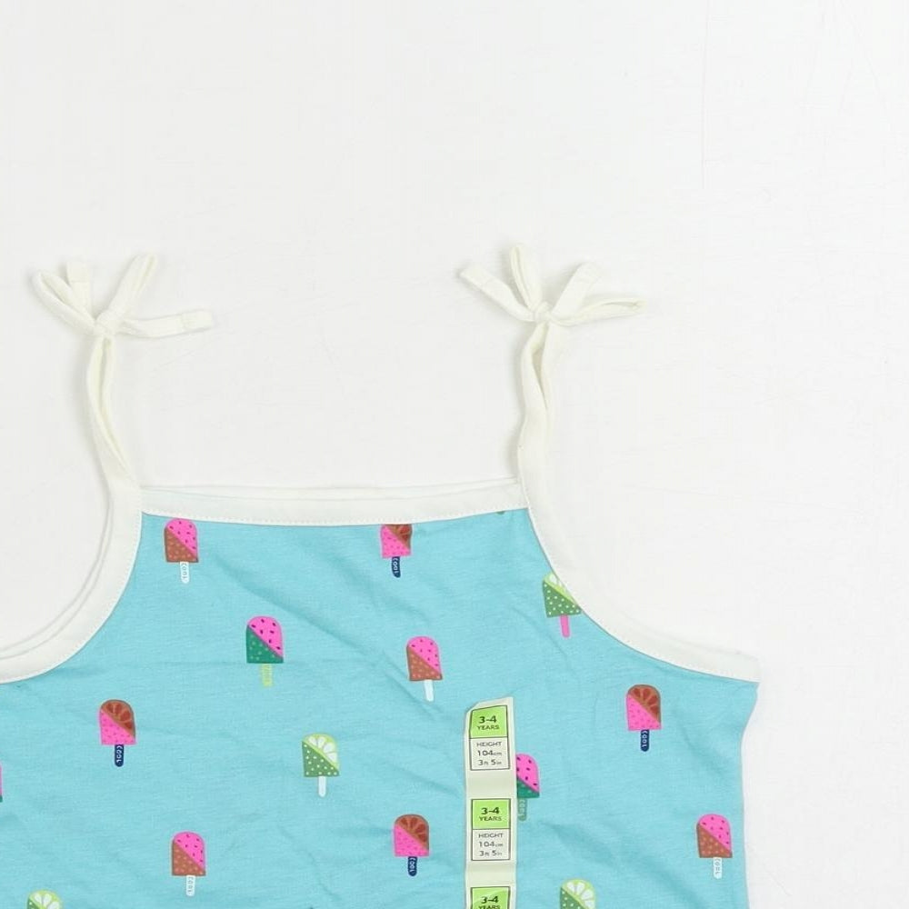 Marks and Spencer Girls Blue Geometric Cotton Camisole Tank Size 3-4 Years Square Neck Pullover - Ice Cream Print