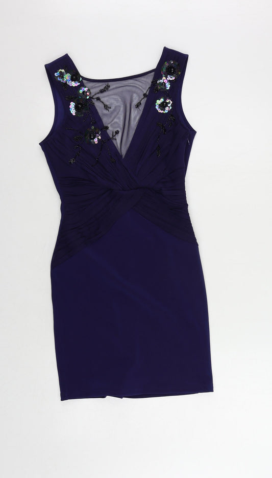 Lipsy Womens Blue Polyester Pencil Dress Size 10 Round Neck Pullover - Embellished