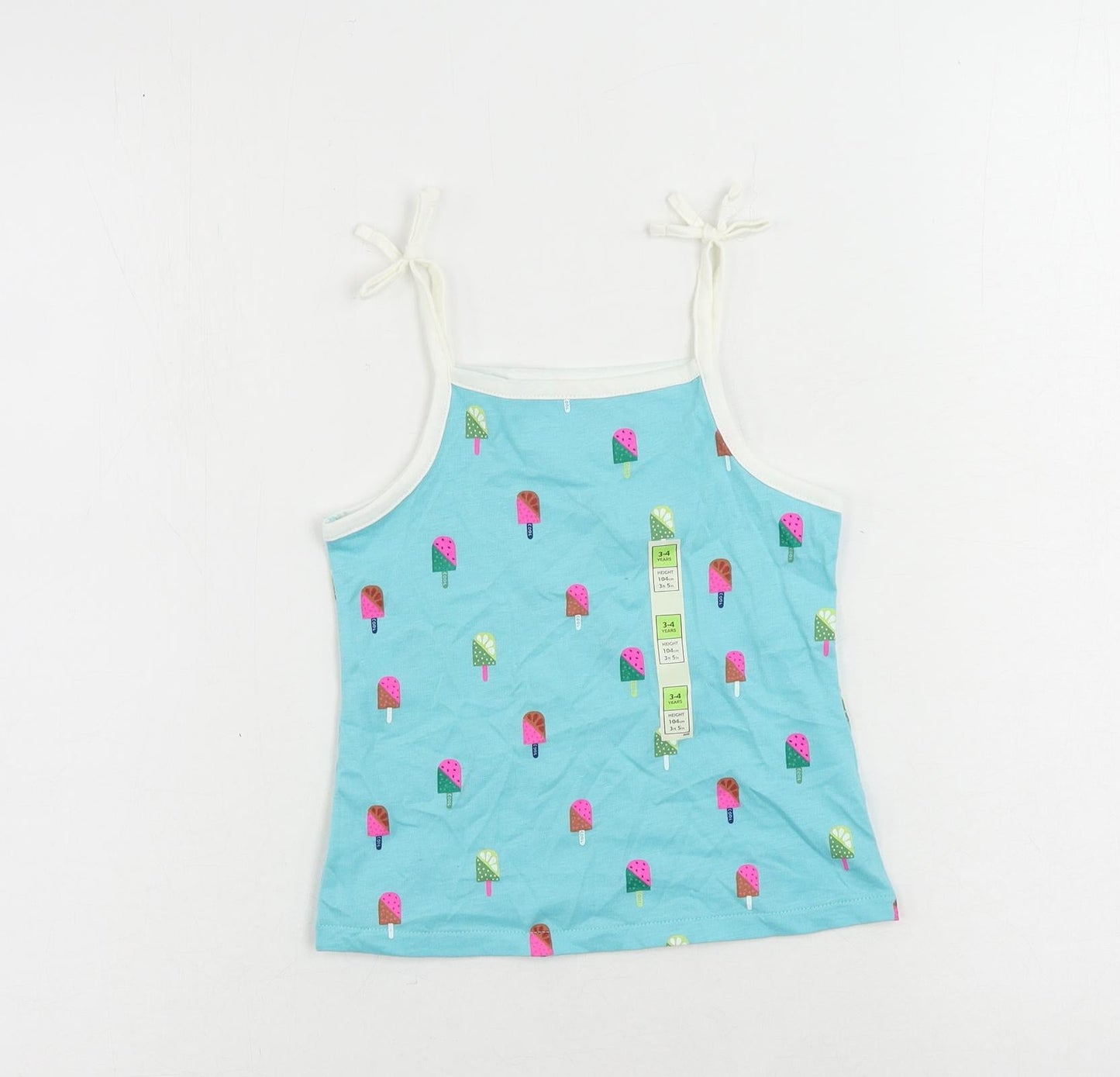 Marks and Spencer Girls Blue Geometric Cotton Camisole Tank Size 3-4 Years Square Neck Pullover - Ice Cream Print