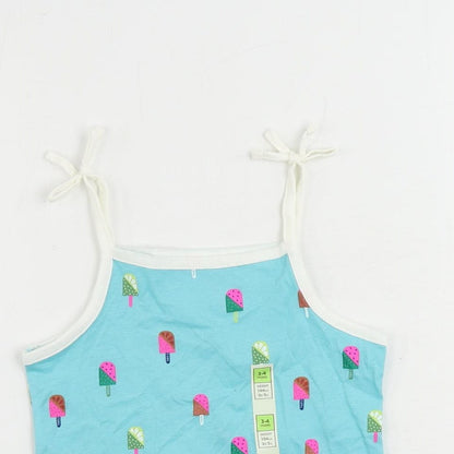 Marks and Spencer Girls Blue Geometric Cotton Camisole Tank Size 3-4 Years Square Neck Pullover - Ice Cream Print