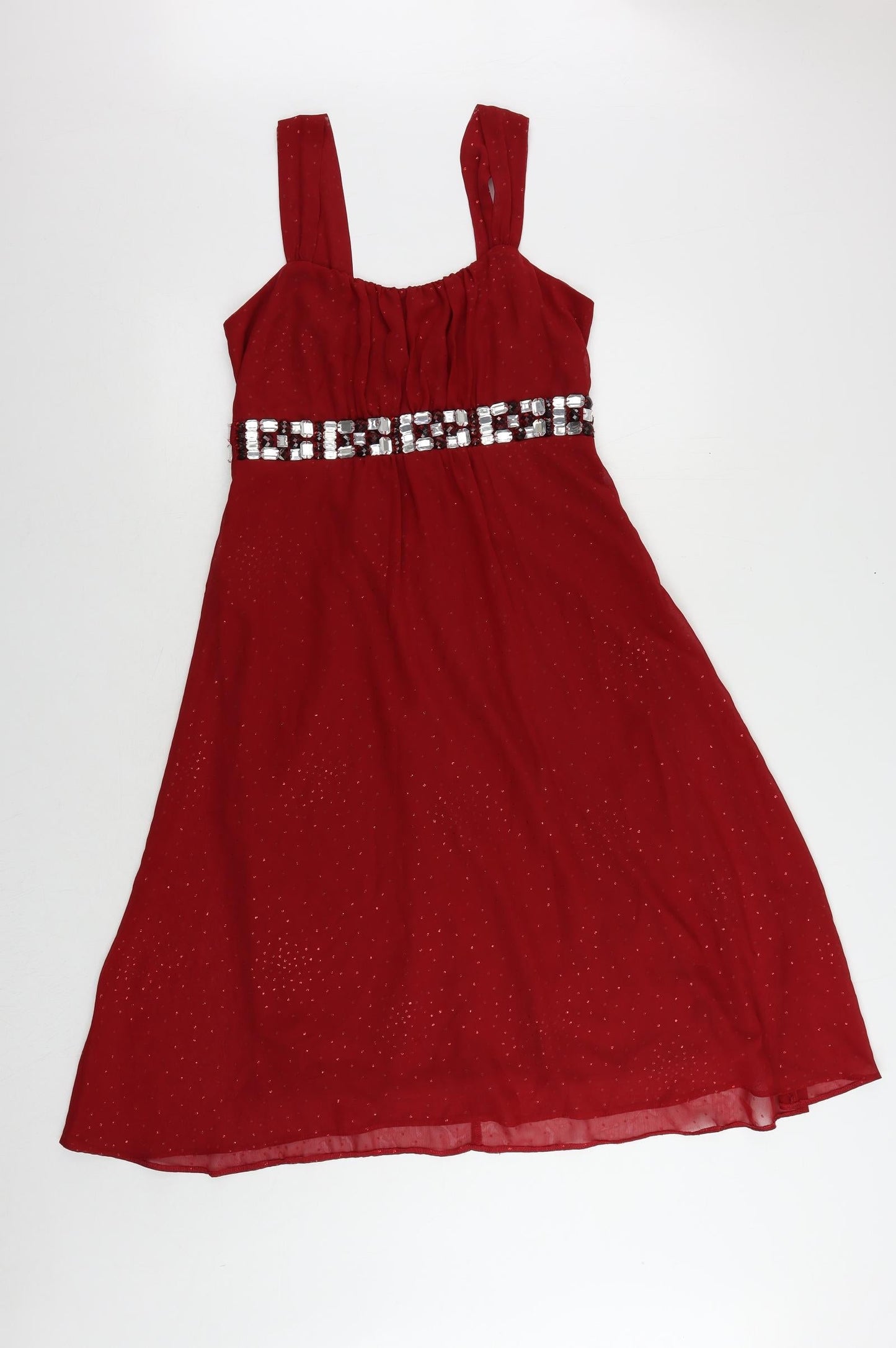 BHS Womens Red Polyester A-Line Size 12 Square Neck Zip - Embellished