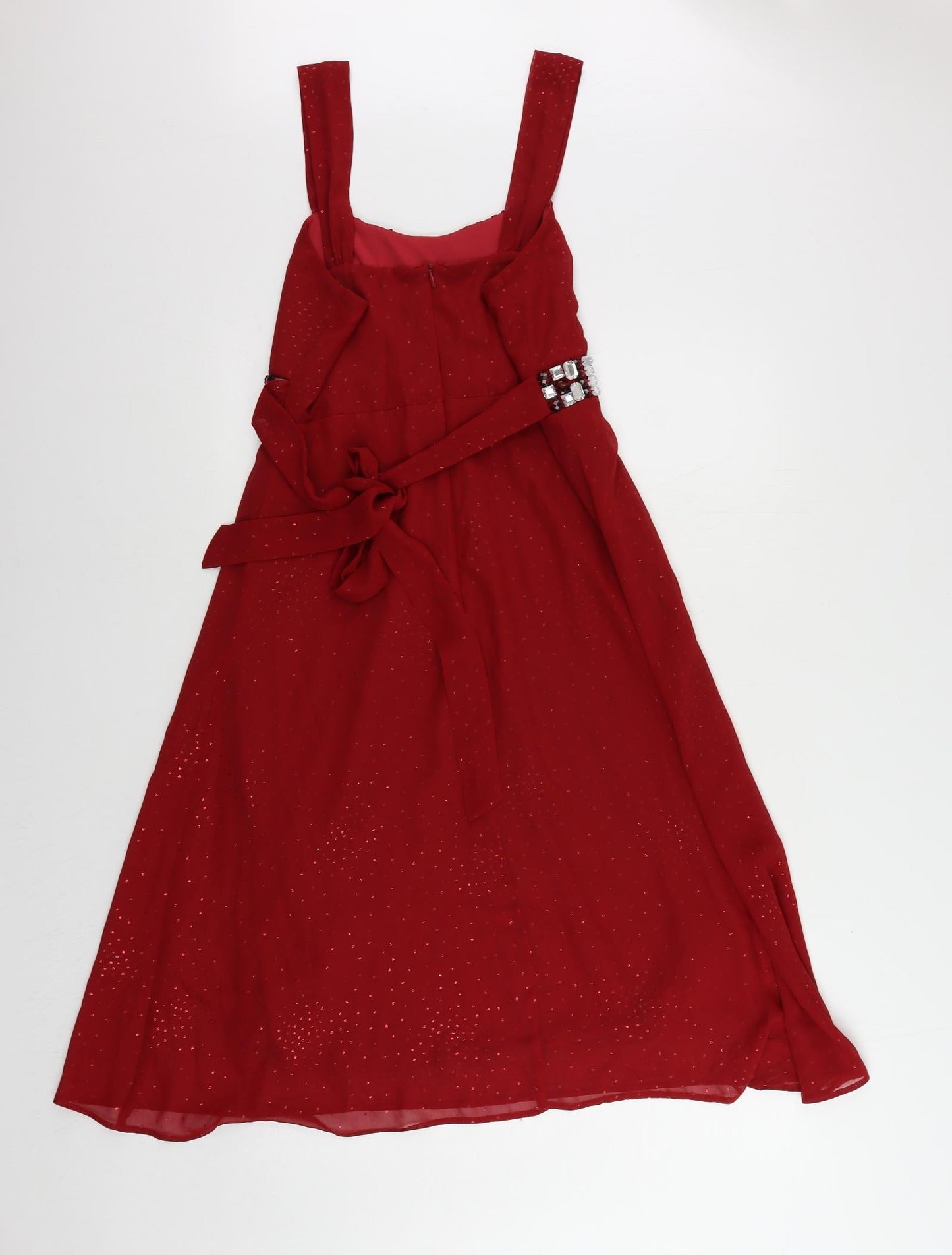 BHS Womens Red Polyester A-Line Size 12 Square Neck Zip - Embellished