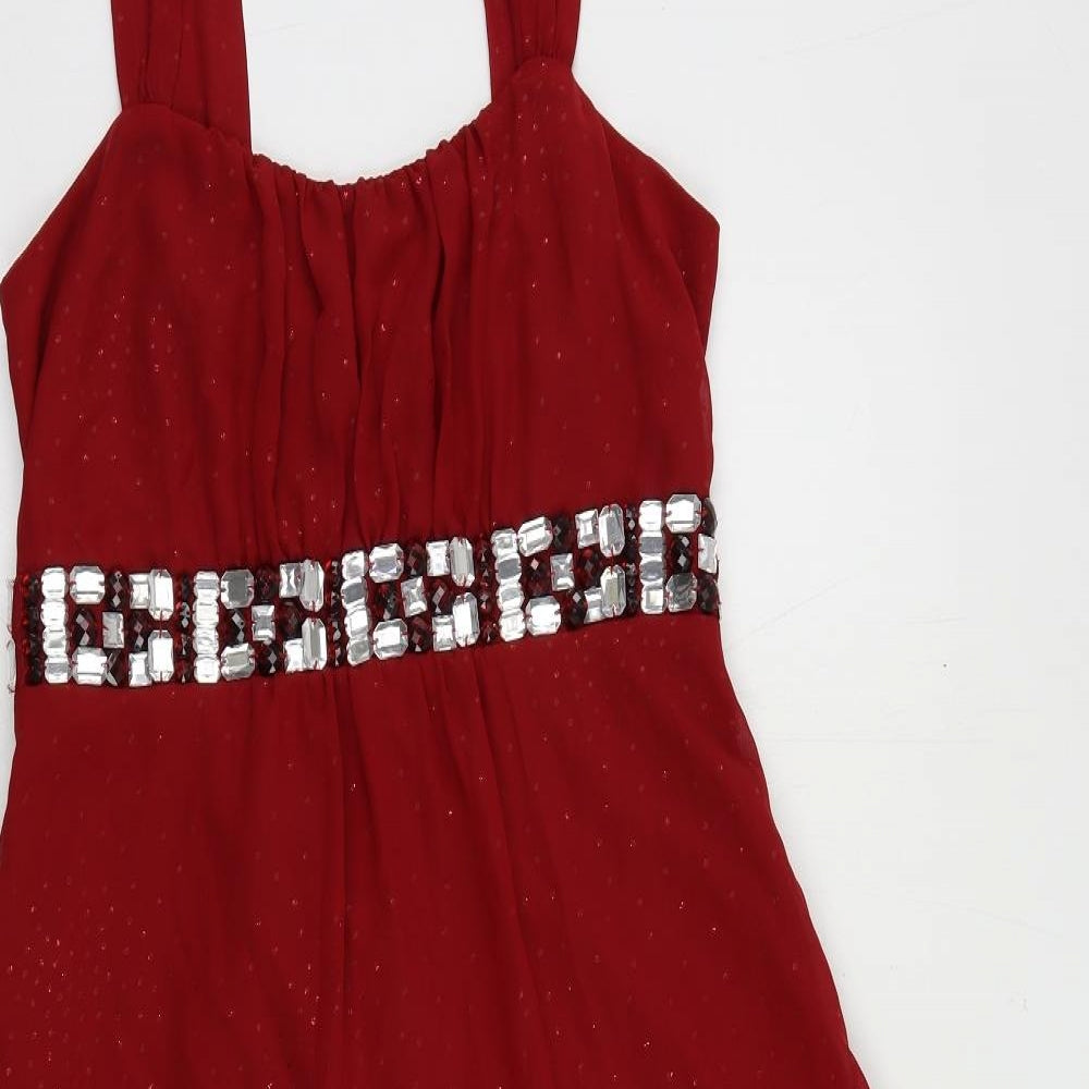 BHS Womens Red Polyester A-Line Size 12 Square Neck Zip - Embellished