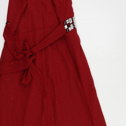 BHS Womens Red Polyester A-Line Size 12 Square Neck Zip - Embellished