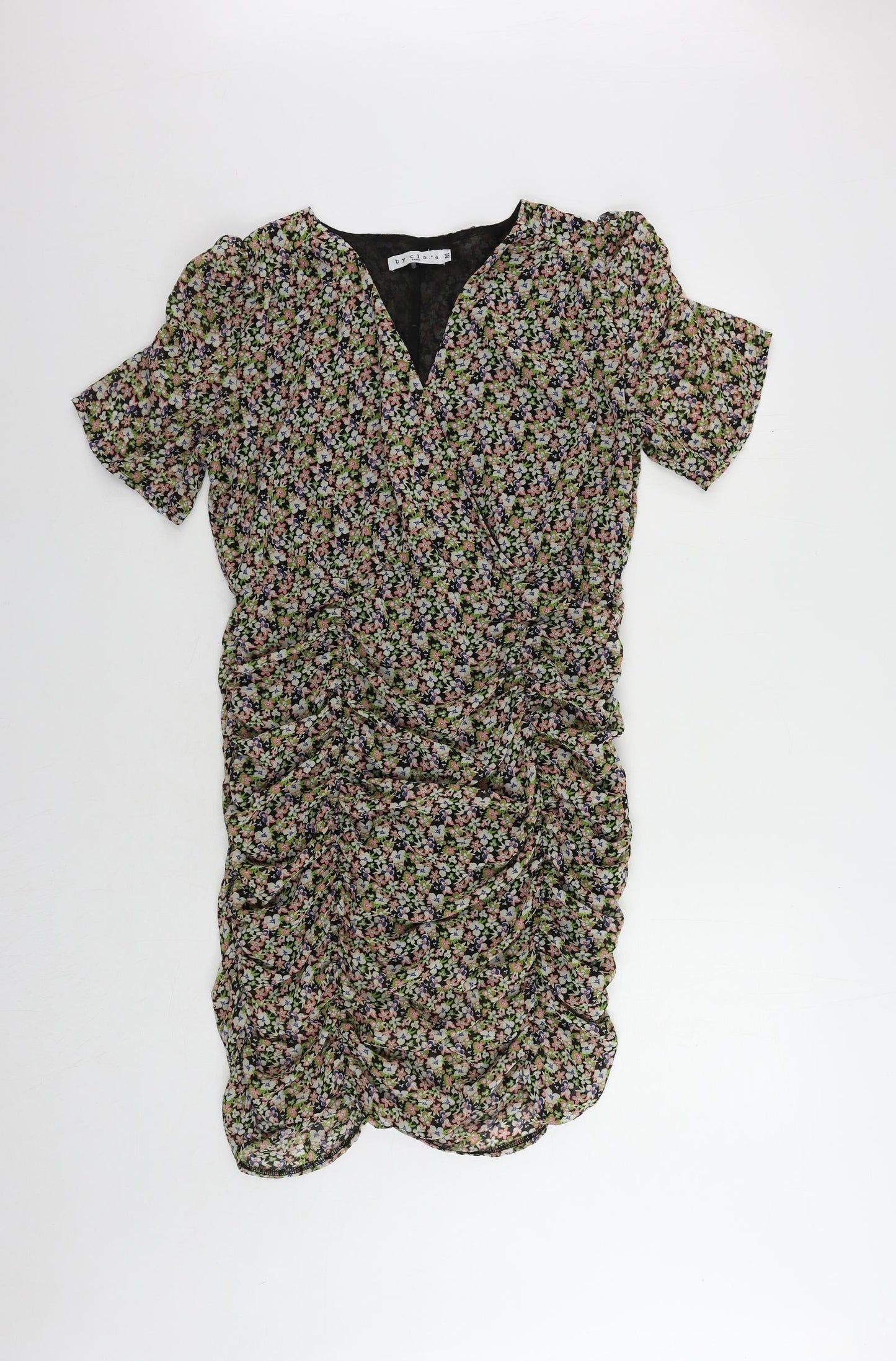 By Clara Womens Multicoloured Floral Polyester Sheath Size M V-Neck Zip - Ruched