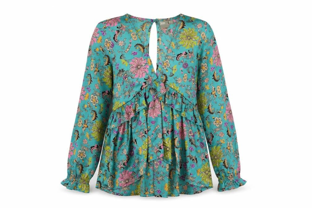 ASOS Womens Blue Geometric Polyester Basic Blouse Size 8 V-Neck - Ruffle