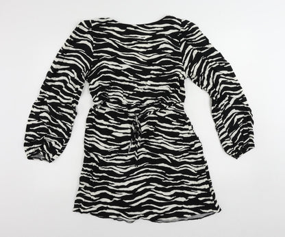New Look Womens Black Animal Print Viscose Mini Size 10 V-Neck Pullover
