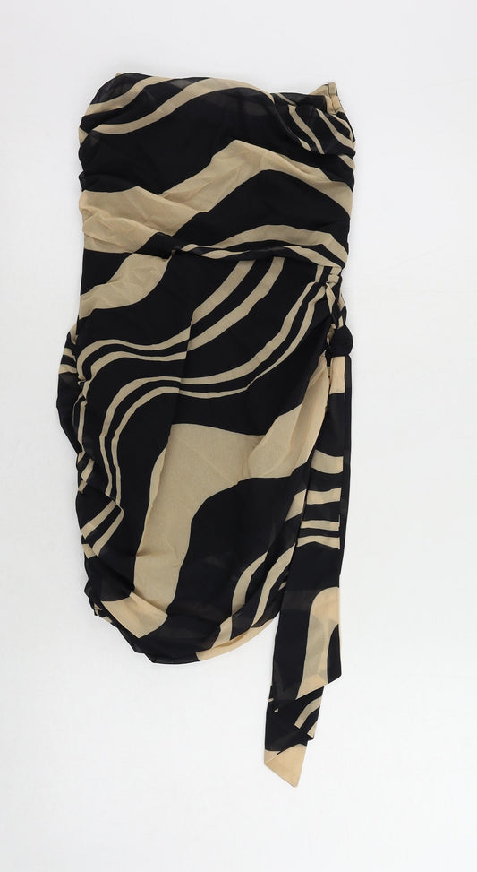 PRETTYLITTLETHING Womens Black Geometric Polyester Mini Size 4 Off the Shoulder Zip - Strapless