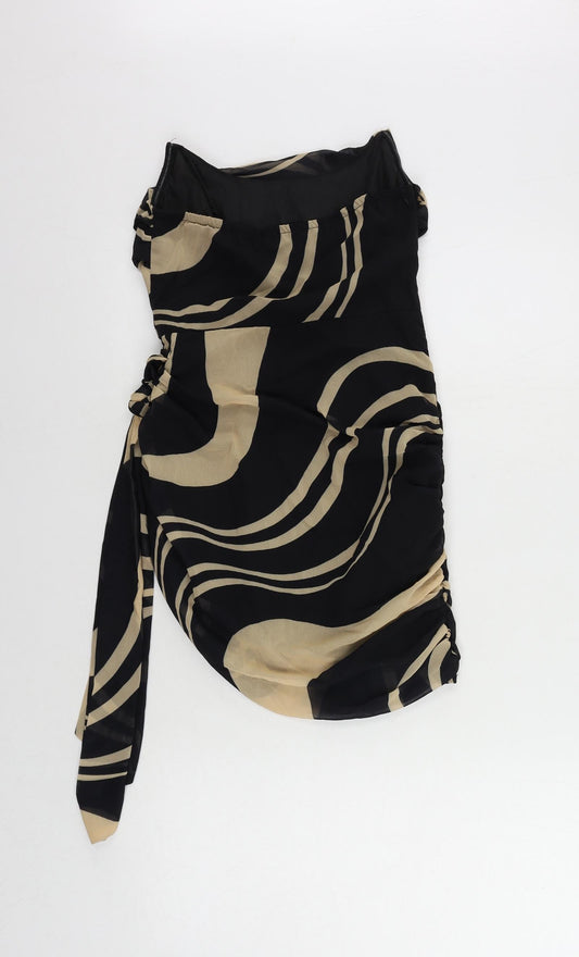 PRETTYLITTLETHING Womens Black Geometric Polyester Mini Size 4 Off the Shoulder Zip - Strapless