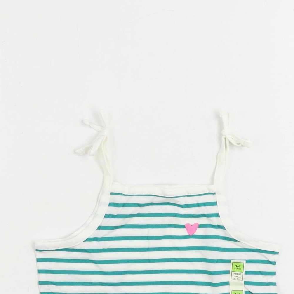 Marks and Spencer Girls Green Striped Cotton Camisole Tank Size 3-4 Years Square Neck Pullover