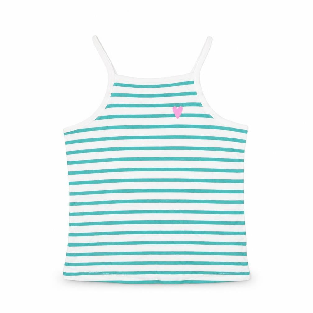 Front view of Marks & Spencer girls’ green striped cotton basic tank, size 3-4, years square neck pullover