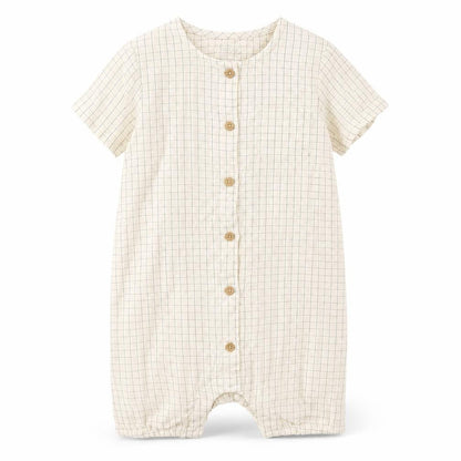 Marks and Spencer Baby Beige Check Cotton Romper One-Piece Size 12-18 Months Button